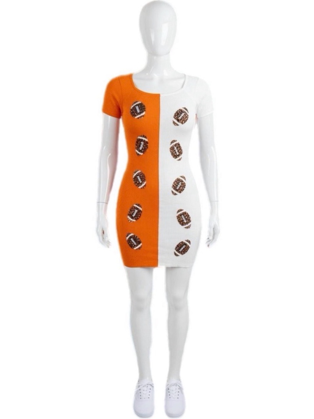 Orange & White Football-Print Knit Dress- Size Large- VERY FITTED STYLE